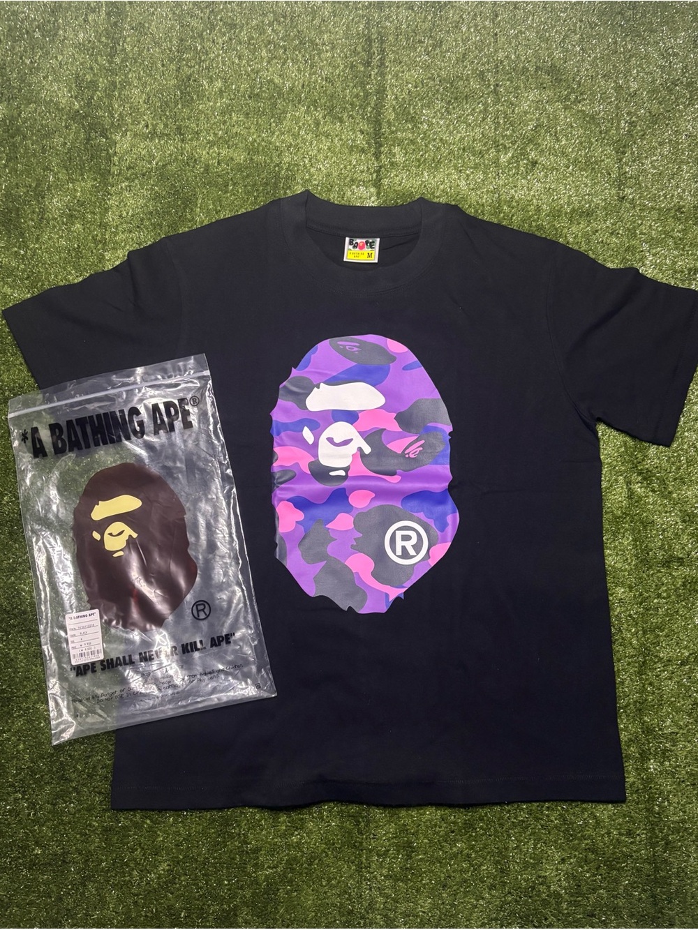Bape Black Tee with Purple & Pink Camo Ape Head